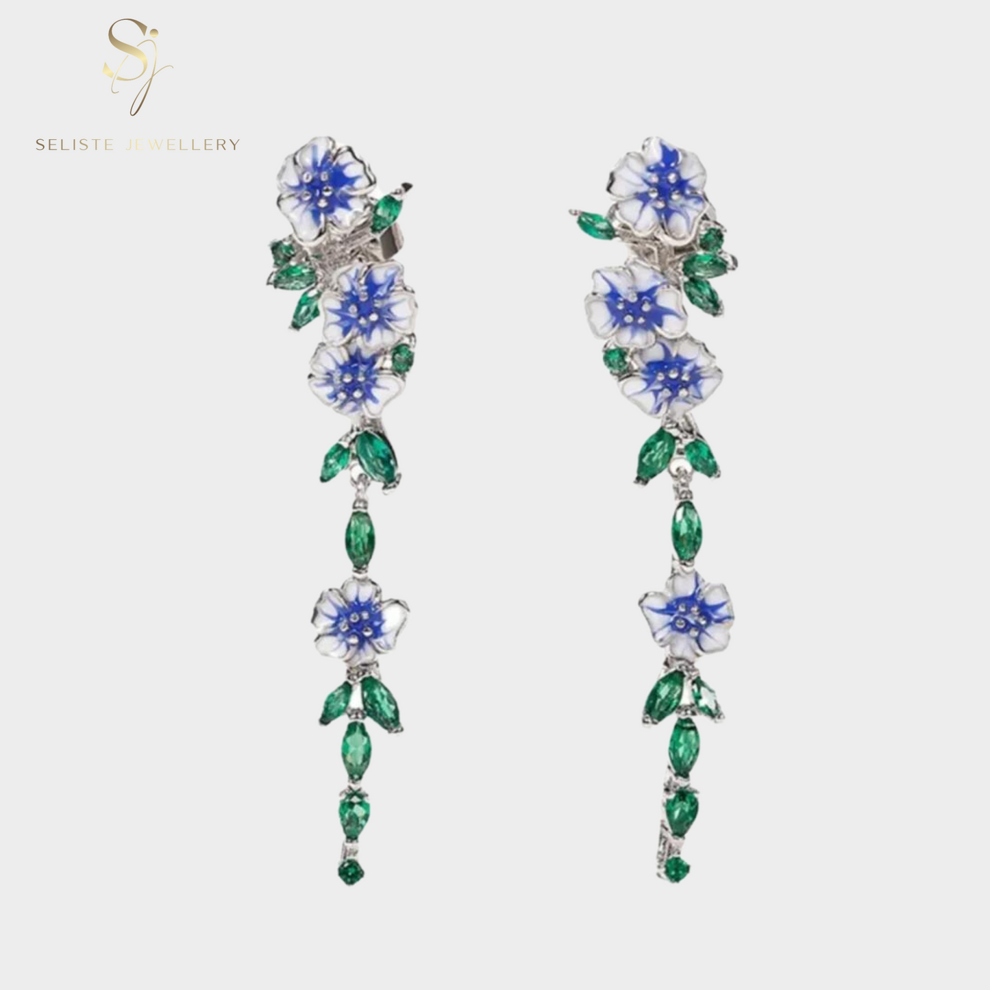 Blue And White Flower Long Dangle Earrings