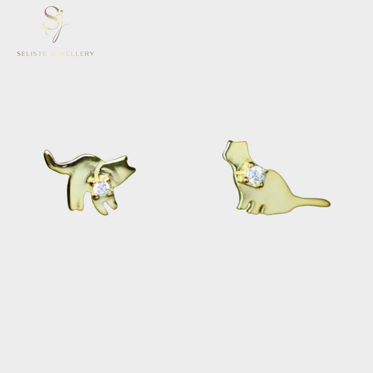 Asymmetrical Gold Cat Tiny Earrings