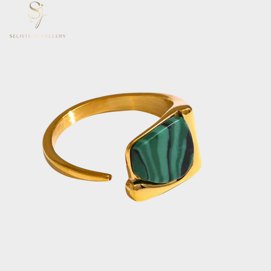 Vintage Green Malachite Stone Gold Open Ring