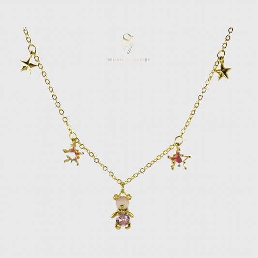 18k Gold Cute Teddy Bear And Star Pink Charm Pendent Necklace