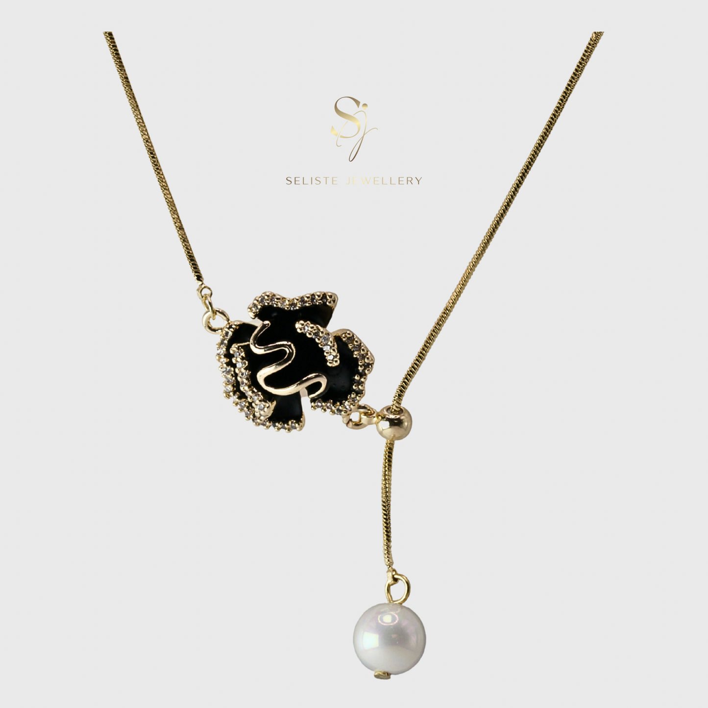 Luxury Black Camellia Flower Pearl Necklace