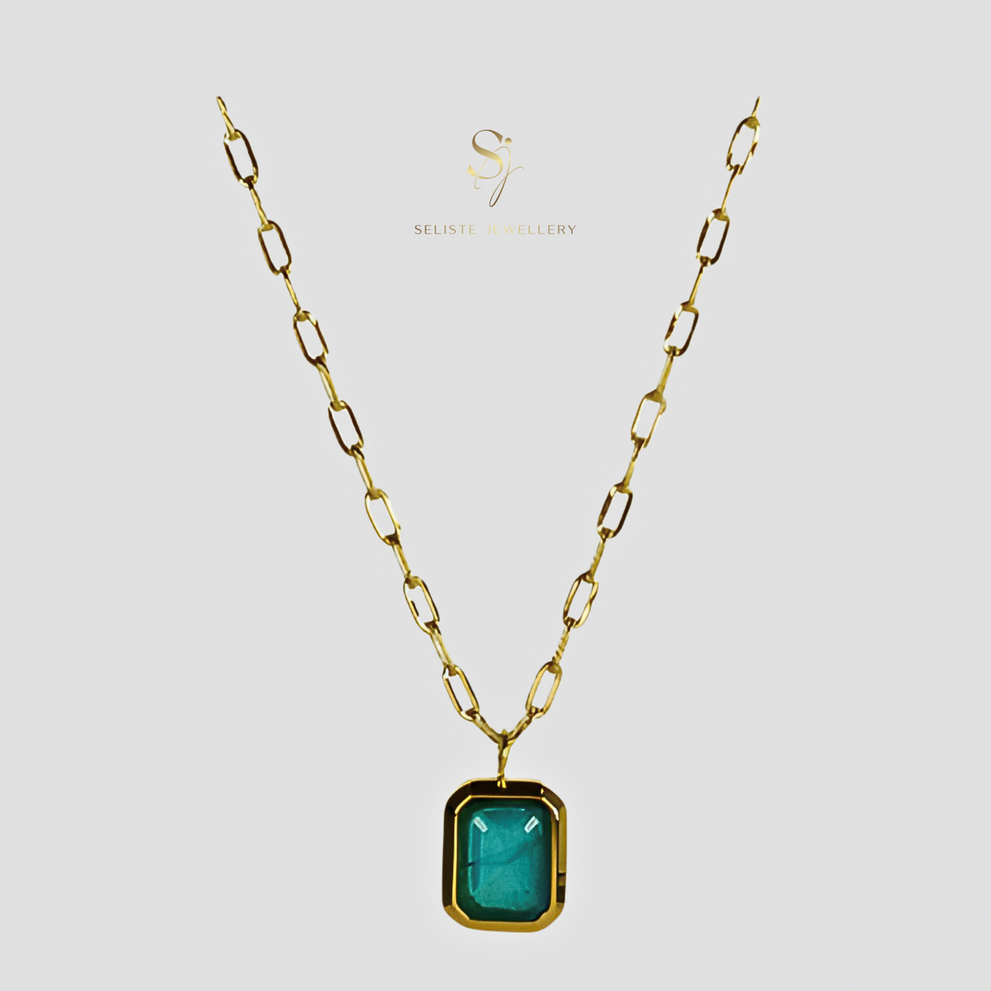 18K Gold Blue-Green Cz Rectangle Pendent Necklace