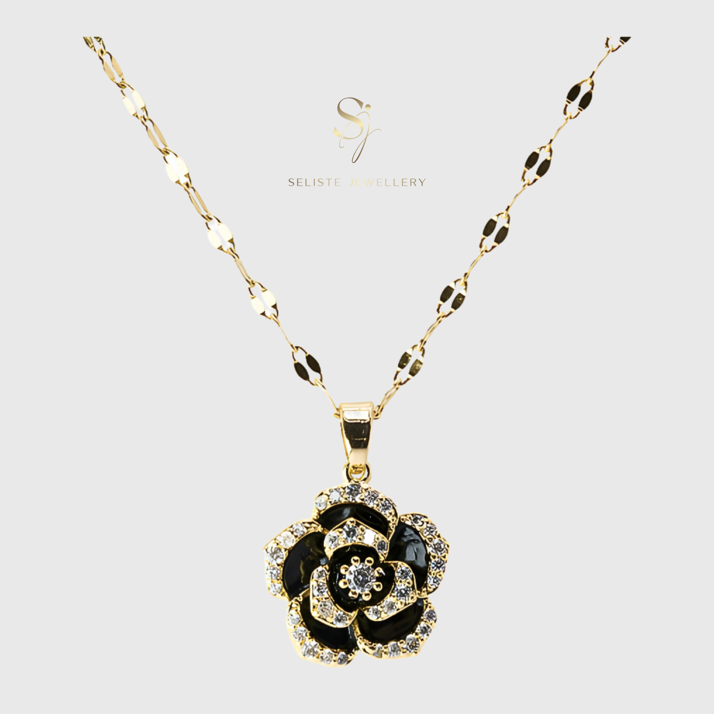 Luxury Black Camellia Flower Pendant Necklace