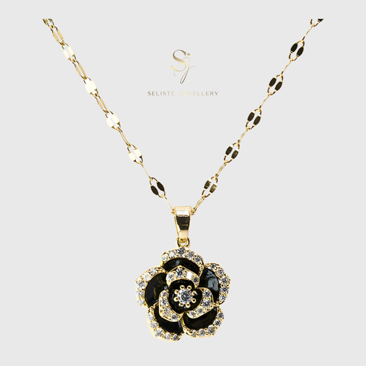 Luxury Black Camellia Flower Pendant Necklace