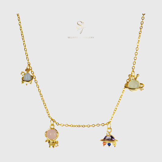 18k Gold Cute Space Element Colourful Tiny Charms Necklace