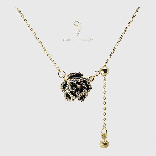 Black Camellia Flower Rhinestone Gold Necklace