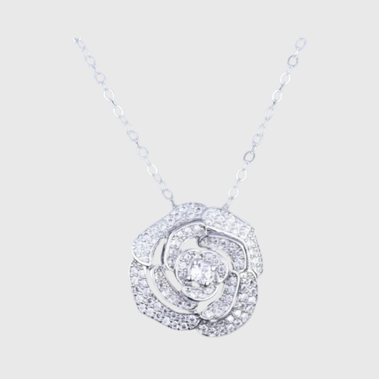 Luxury Crystal Camellia Flower Pendant Silver Necklace