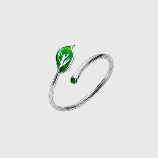 Minimalist Green Leaf Brunch Open Silver Ring