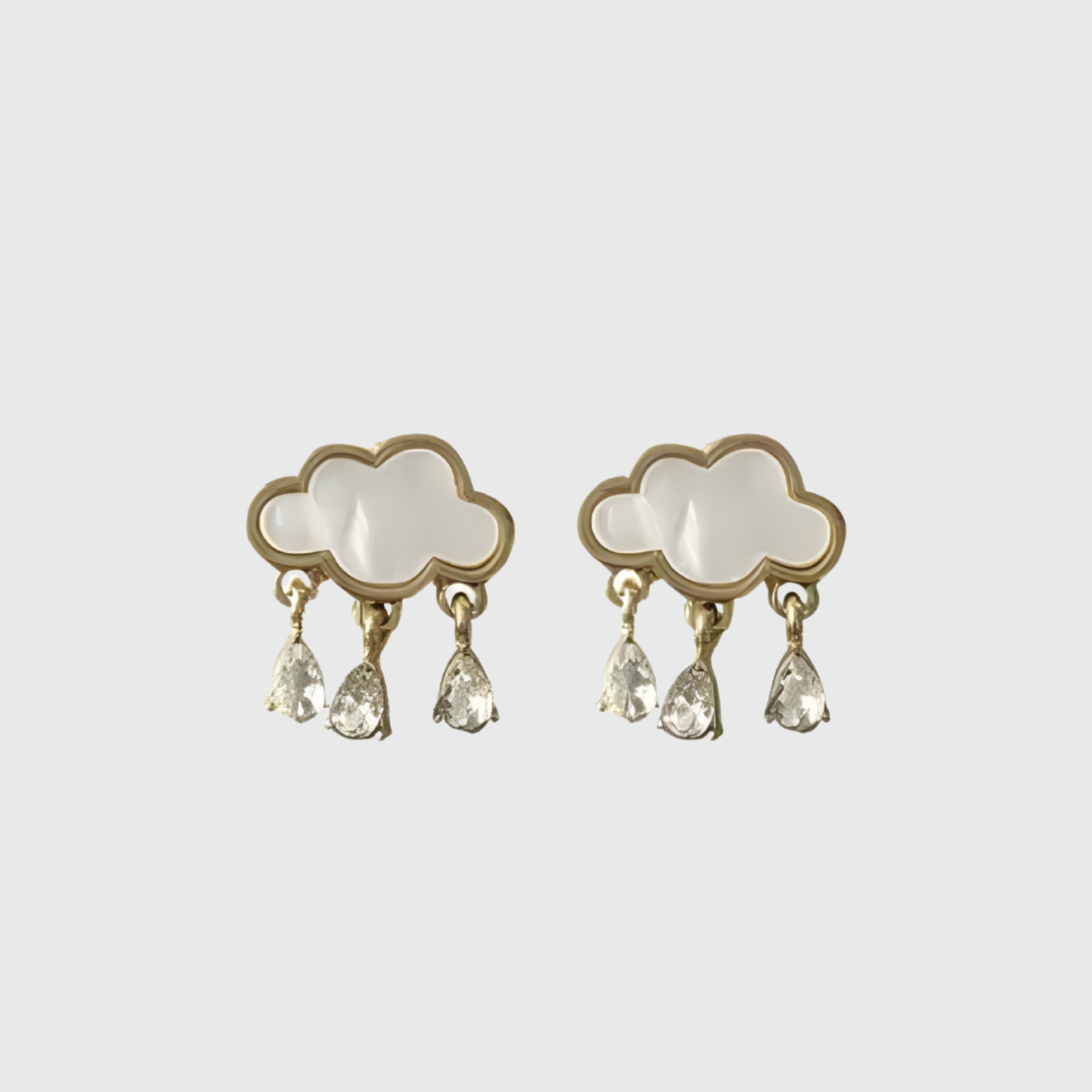 18k Gold Cute White Cloud Rain Drop Crystal Dangle Earrings