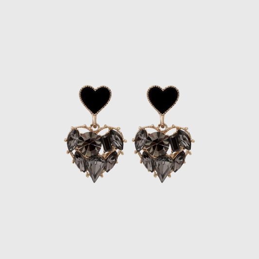 18k Gold Black Crystal Heart Drop Stud Earrings