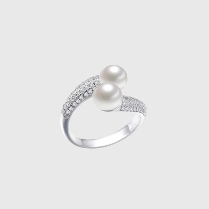 925 Sterling Silver Double Natural Pearl Crystal Open Ring
