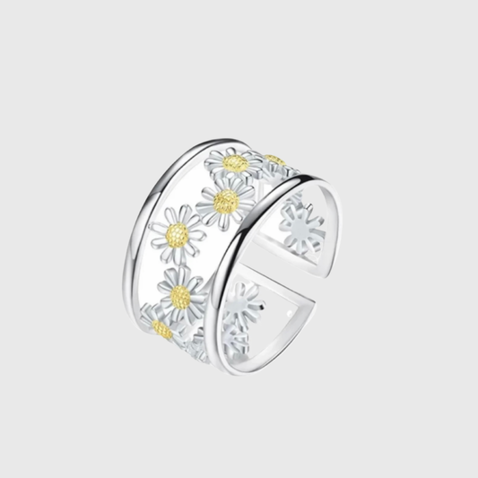 Exquisite Daisy Flower Wide Band Adjustable Ring