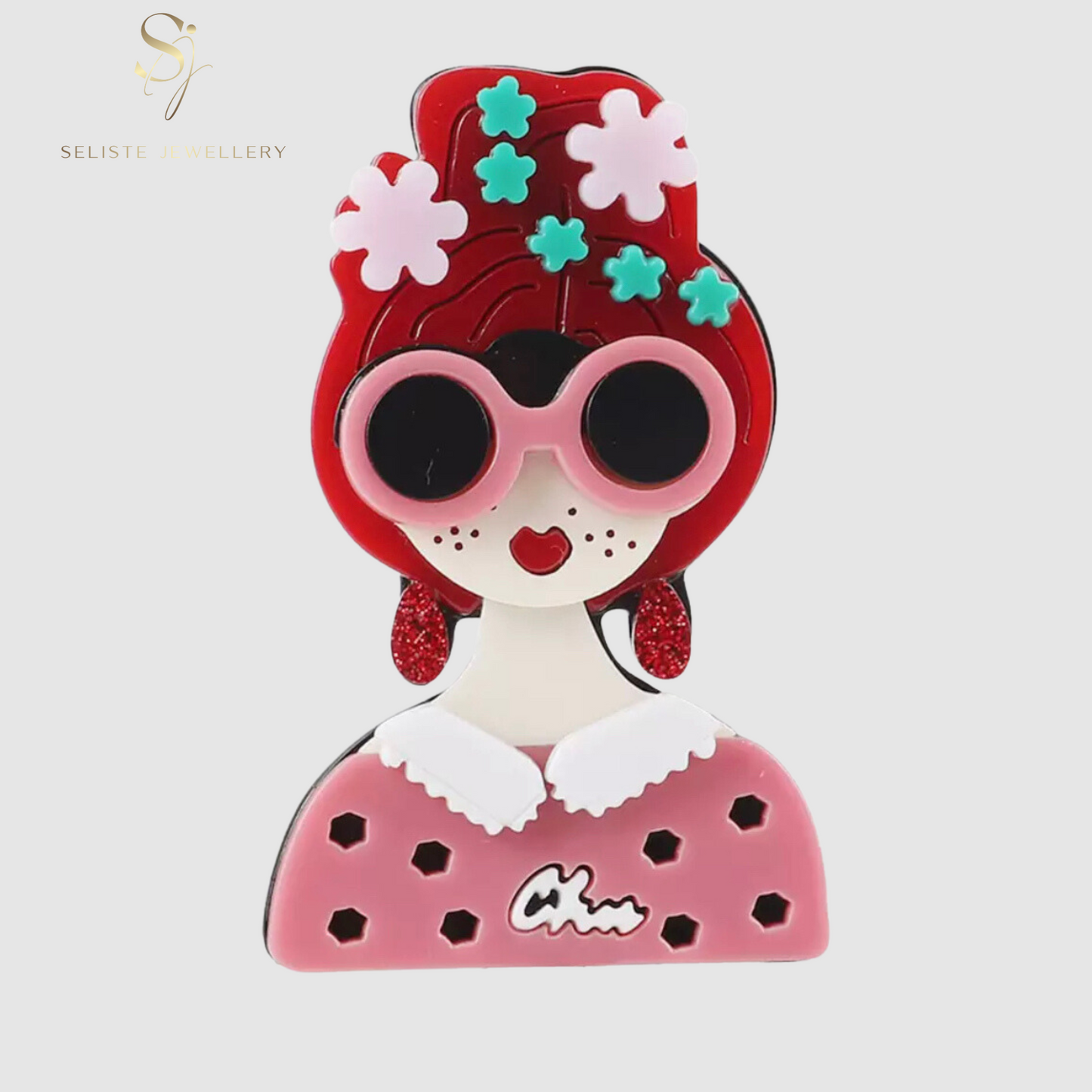 Quirky Acrylic Lady Figure With Red Hair Pin Brooch