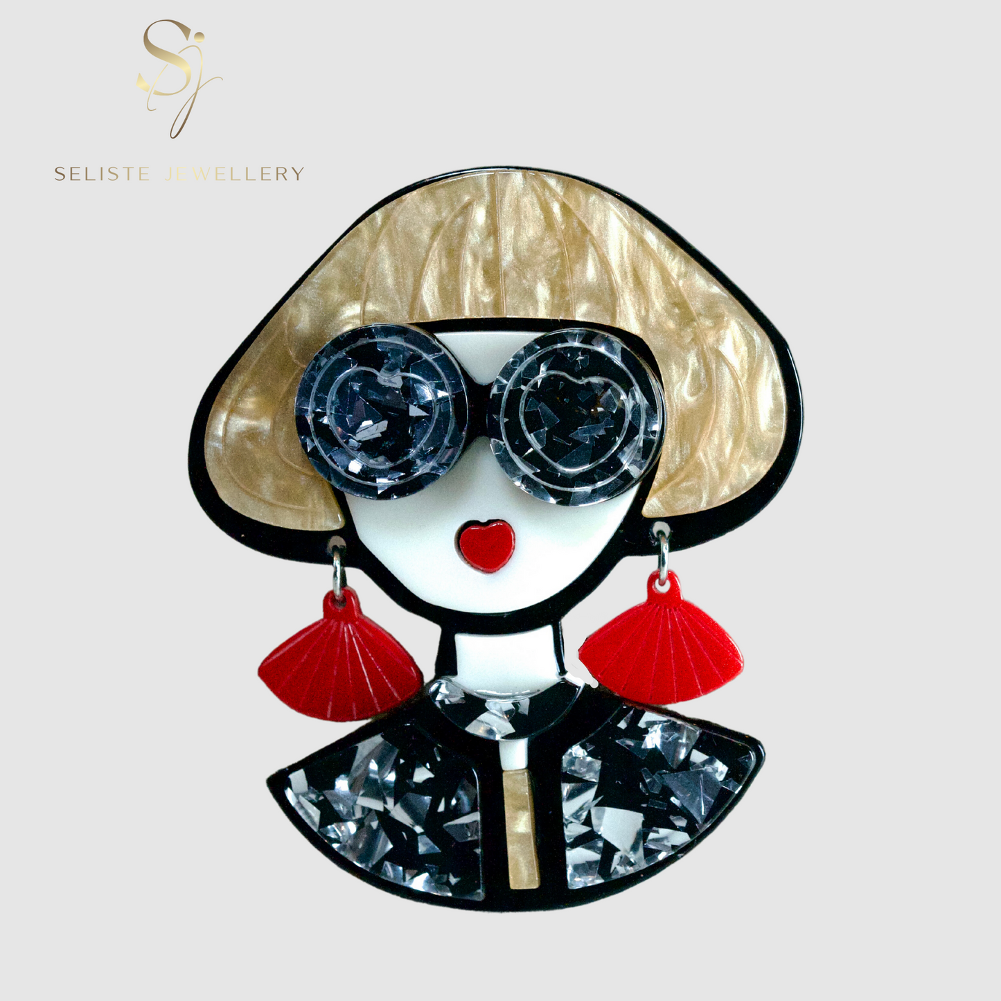 Quirky Large Acrylic Lady Shape Art Deco Pin Brooch