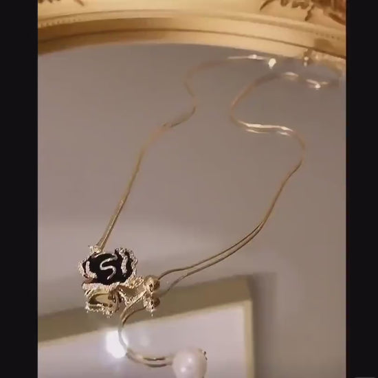 Luxury Black Camellia Flower Pearl Pendant Necklace-Camellia Flower Necklace -Dainty Flower Necklace-Minimalist Necklace -Classic Necklace