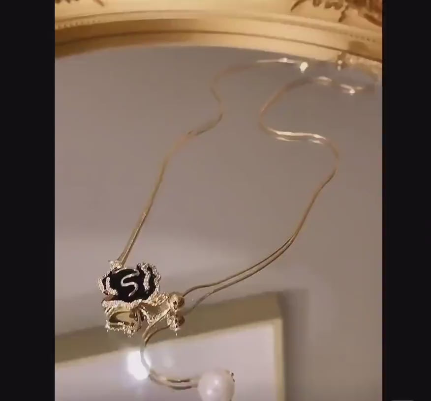 Luxury Black Camellia Flower Pearl Pendant Necklace-Camellia Flower Necklace -Dainty Flower Necklace-Minimalist Necklace -Classic Necklace
