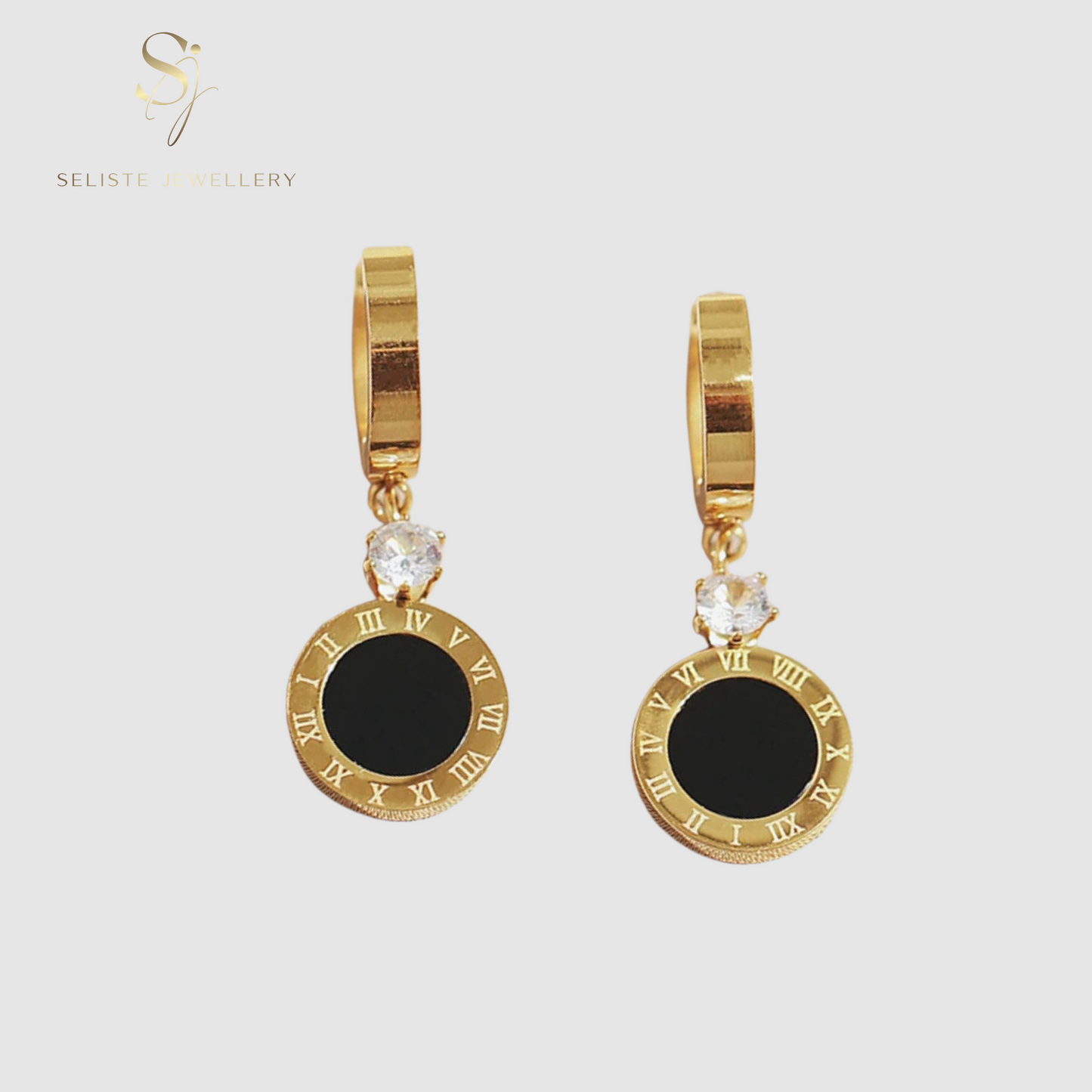 Roman Numeral Black Disc Dangle Hoop Earrings