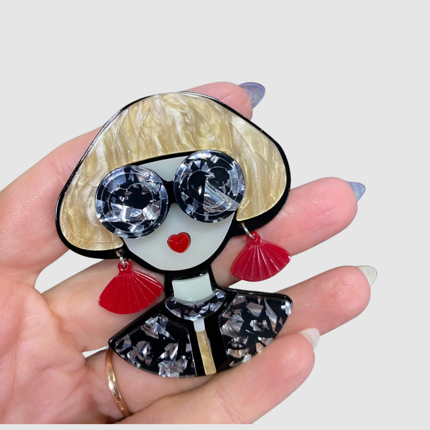 Quirky Large Acrylic Lady Shape Art Deco Pin Brooch