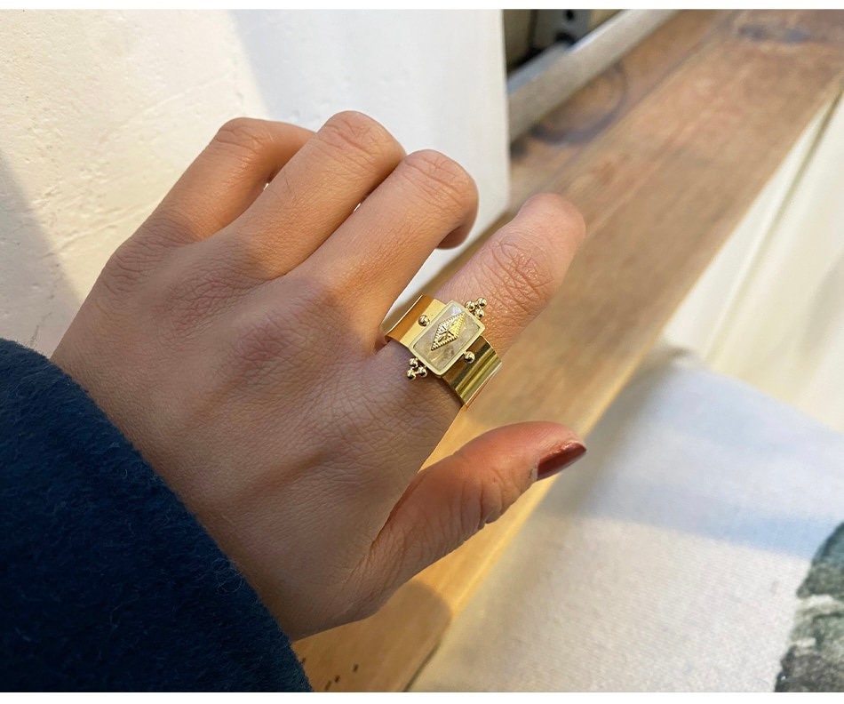 18K Gold Natural Stone Adjustable Ring - Gold  Green Stone Ring - Natural Stone ring - Statement Ring - Geometric Ring - Gift For Her