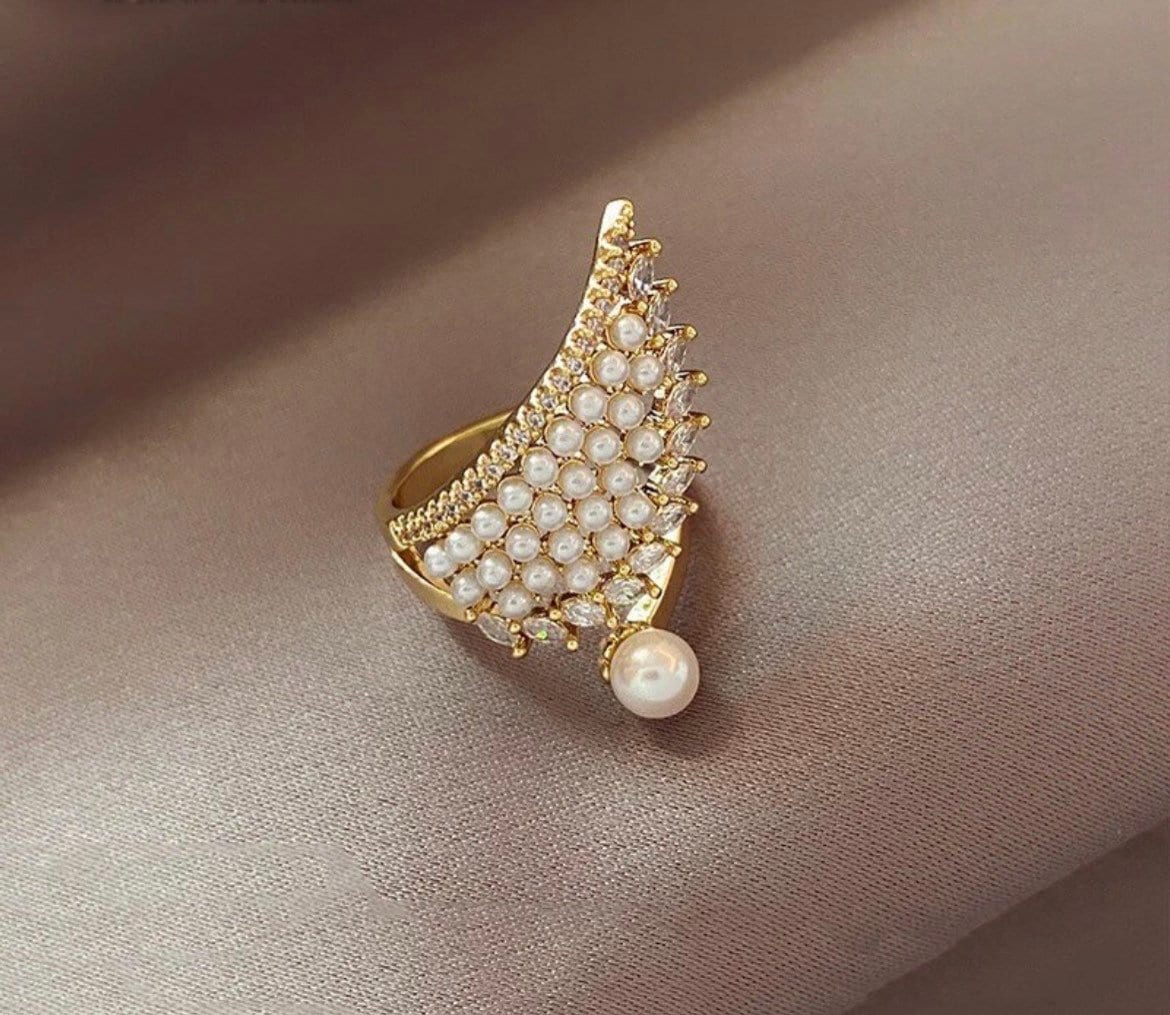Luxury Pearl Wing Shape Gold Open Rings For Woman,Elegant Statement Ring, Party,Accessories, Wedding Jewellery, Perfect Gift For Her