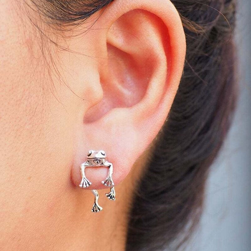 Frog Dangle Earrings,Stud Earrings,Minimalist Silver Frog Earrings,Animal Jewelery,Cute Earrings,Petite Earrings,Silver Ear Jacket Earrings