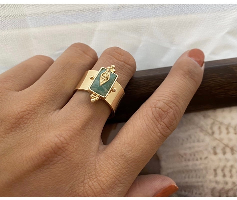 18K Gold Natural Stone Adjustable Ring - Gold  Green Stone Ring - Natural Stone ring - Statement Ring - Geometric Ring - Gift For Her