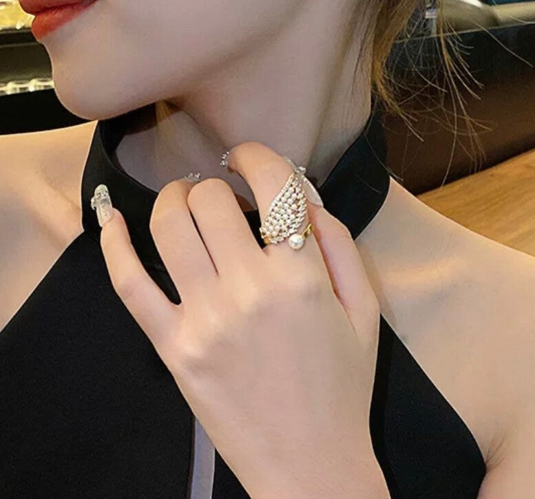 Luxury Pearl Wing Shape Gold Open Rings For Woman,Elegant Statement Ring, Party,Accessories, Wedding Jewellery, Perfect Gift For Her