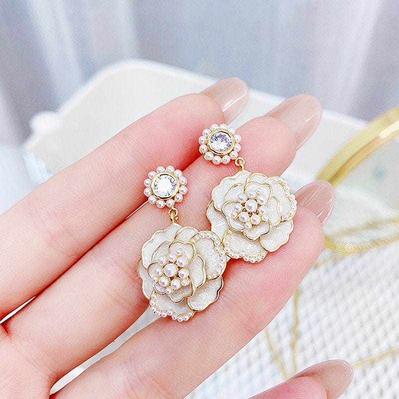 Luxury Camellia Rose Flower Pearl Drop Earrings,Elegant Earrings,Dangle Earrings,Crystal Stud Earrings,Fashion Earrings Fine Jewellery,Gift