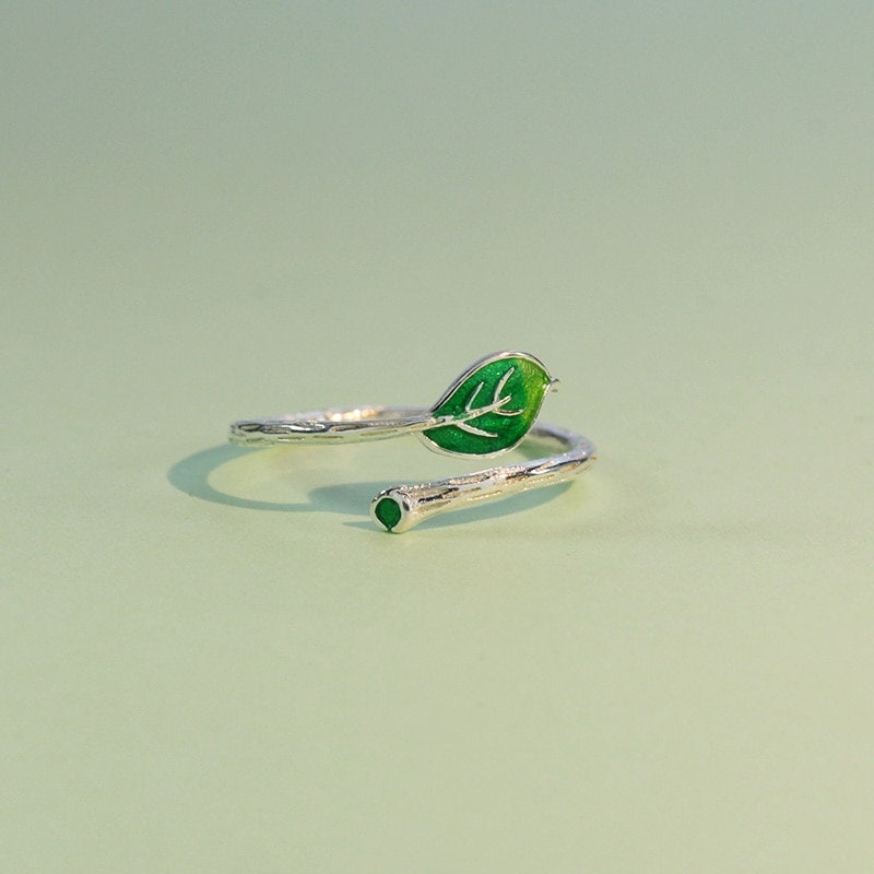 Minimalist Green Leaf Brunch Open Silver Ring For Women ,Nature Sterling Silver Jewellery,Birthday Perfect Gift For Her