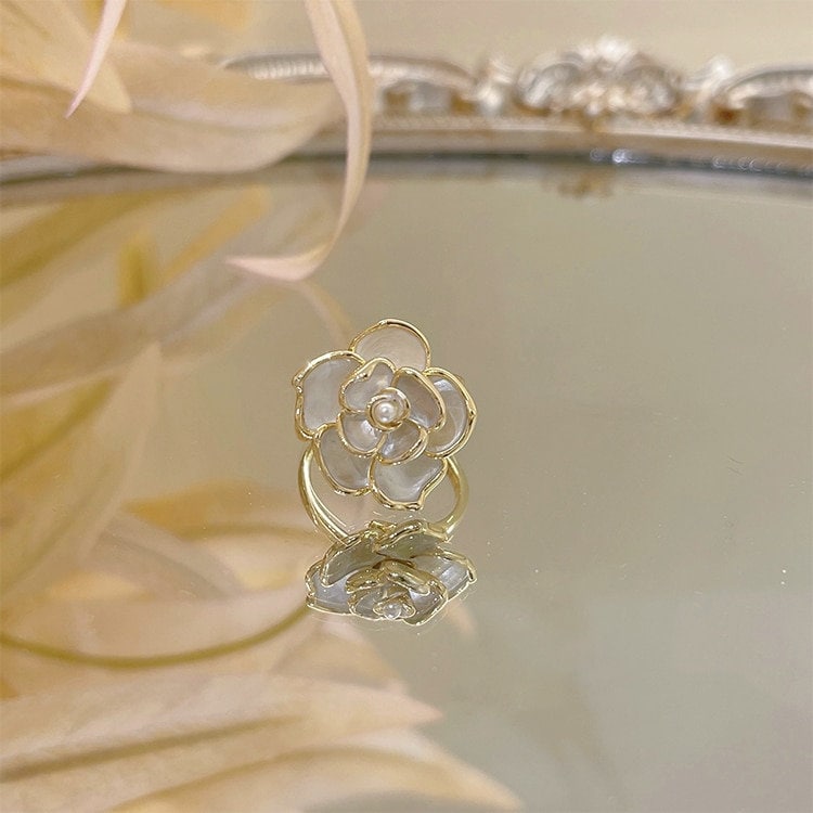 Luxury Gold Camellia Flower Ring,Adjustable Elegant White Flower Ring,Statement Ring,Retro,Wedding,Valentine's Day,Mothers Day Gift