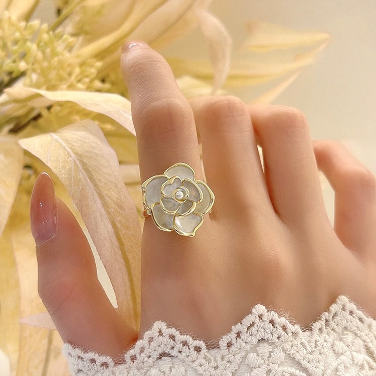 Luxury Gold Camellia Flower Ring,Adjustable Elegant White Flower Ring,Statement Ring,Retro,Wedding,Valentine's Day,Mothers Day Gift