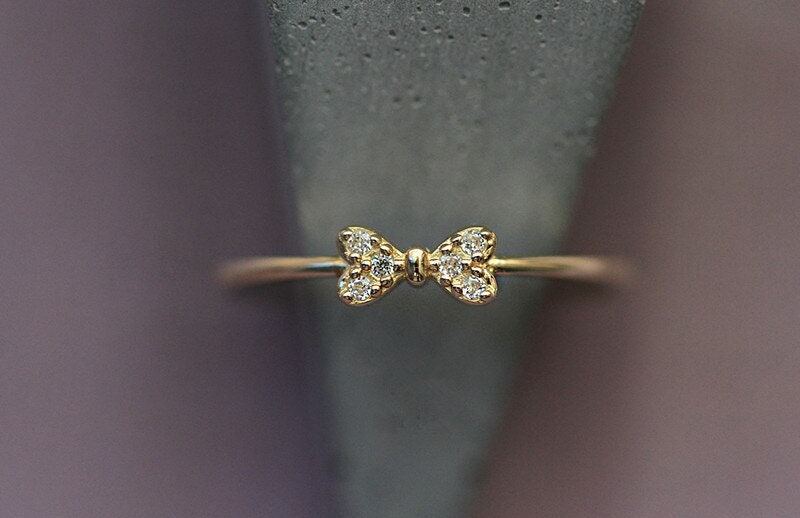 Minimalist Bow Gold Ring For Women - 18k Gold Ribbon Ring - Dainty Bow Tie Crystal Ring - Stackable Ring - Thin Bow Ring - Gift For Her