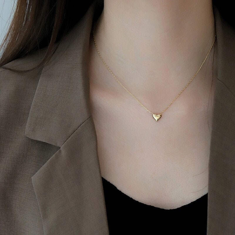 Minimalist Heart Pendent Gold Necklace,Dainty Heart Necklace-Cute Little Necklace-Romantic Jewellery-Solid Silver Necklace0-Love Necklace