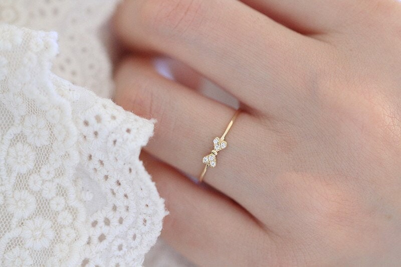 Minimalist Bow Gold Ring For Women - 18k Gold Ribbon Ring - Dainty Bow Tie Crystal Ring - Stackable Ring - Thin Bow Ring - Gift For Her