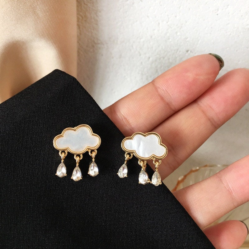 Cute White Cloud Water Drop Gold Stud Earrings For Women,Gothic Earrings ,women Accessory,Rain Drop,Gold,Small Girls Earrings,Perfect Gift