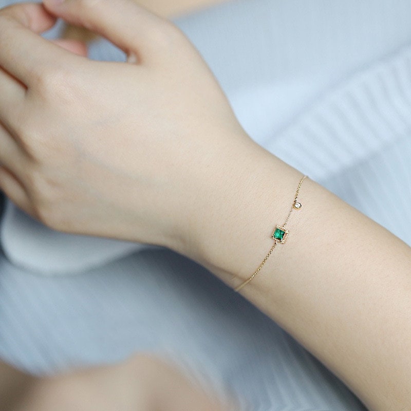 Minimalist Green Cz Emerald Gold Bracelet  For Women-Dainty Green Emerald Bracelet-Delicate 18k Gold Plated Bracelet-Perfect Gift For Her