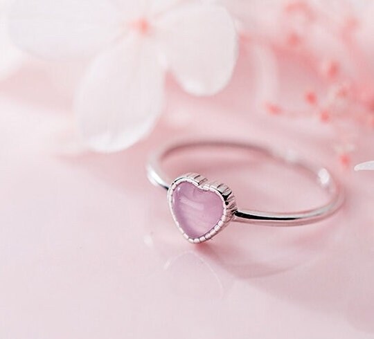 Minimalist Heart Shaped 925 Sterling Silver Ring,Dainty Ring,Romantic Pink Opal Ring,Heart Shaped Ring,Heart Ring,Sweet Fashion Jewellery