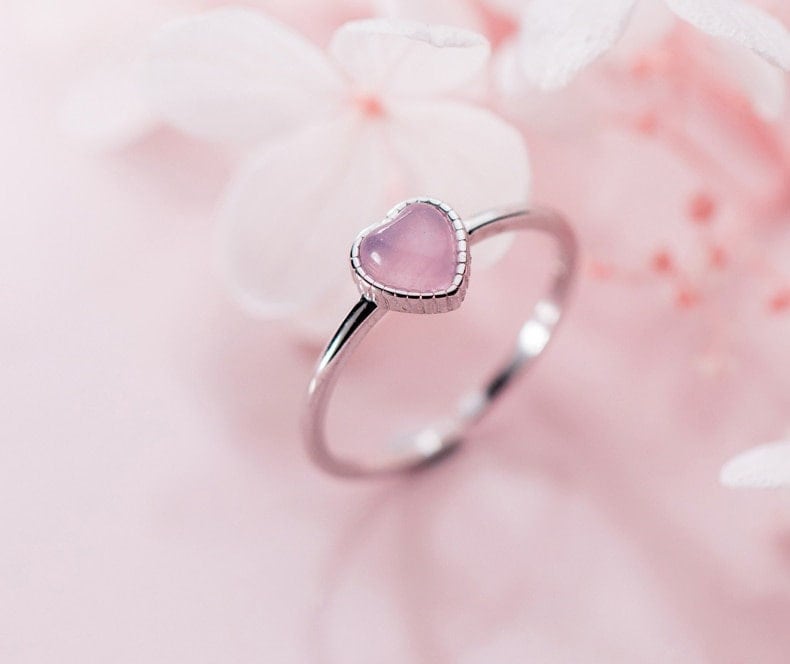 Minimalist Heart Shaped 925 Sterling Silver Ring,Dainty Ring,Romantic Pink Opal Ring,Heart Shaped Ring,Heart Ring,Sweet Fashion Jewellery