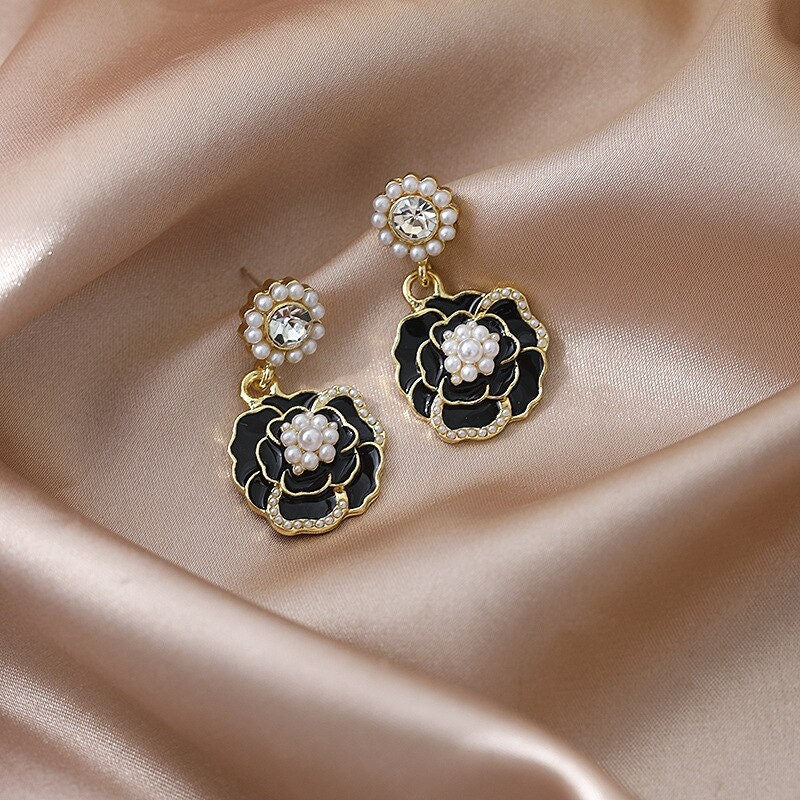 Luxury Camellia Rose Flower Pearl Drop Earrings,Elegant Earrings,Dangle Earrings,Crystal Stud Earrings,Fashion Earrings Fine Jewellery,Gift