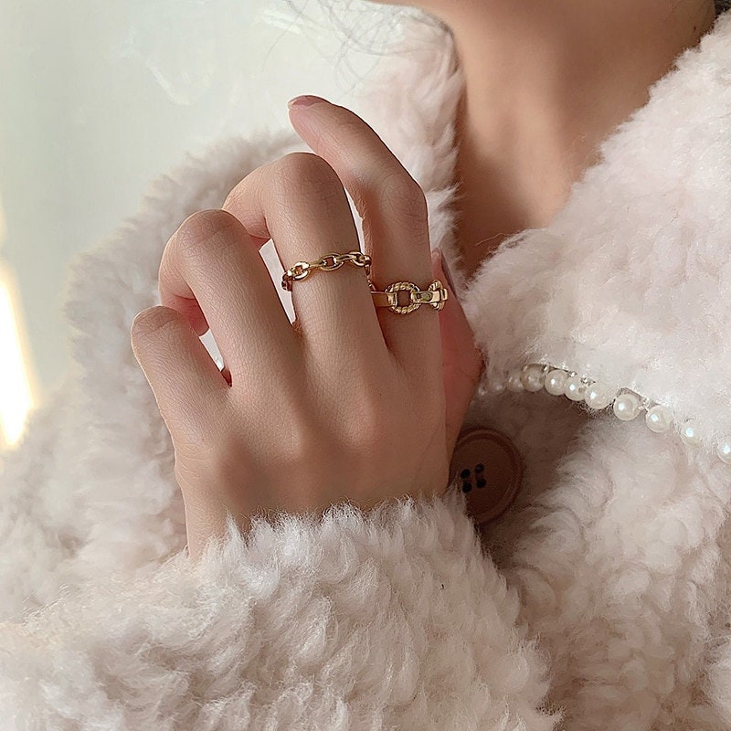 Retro Cutout Buckle Chain Ring For Women, Dainty Chain Ring, Gold Open Ring, Adjustable Ring, Band Ring, Staking Ring, Statement Silver Ring
