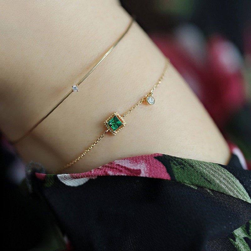 Minimalist Green Cz Emerald Gold Bracelet  For Women-Dainty Green Emerald Bracelet-Delicate 18k Gold Plated Bracelet-Perfect Gift For Her