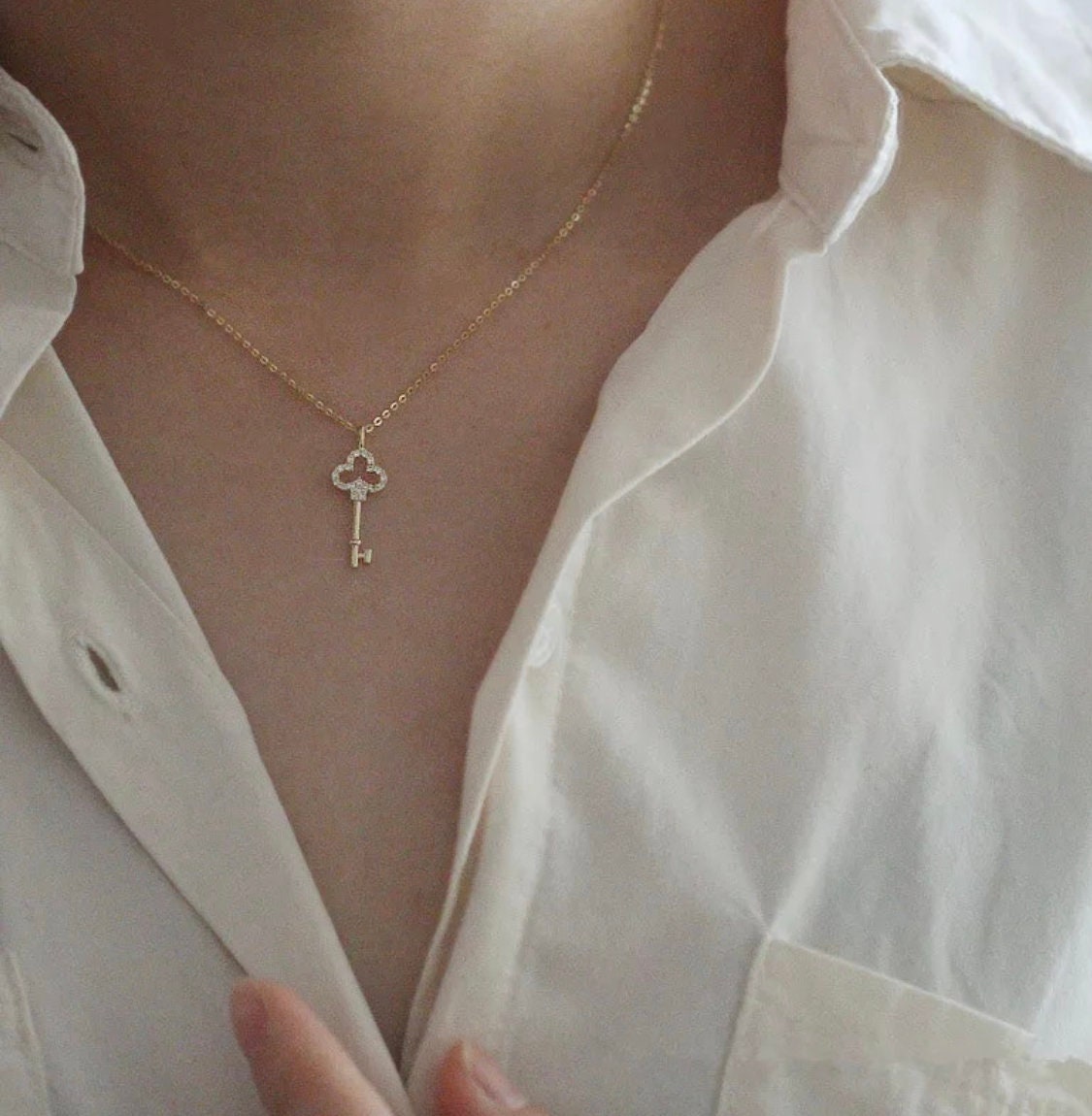 Small Key Diamond Pendant Charm Necklace