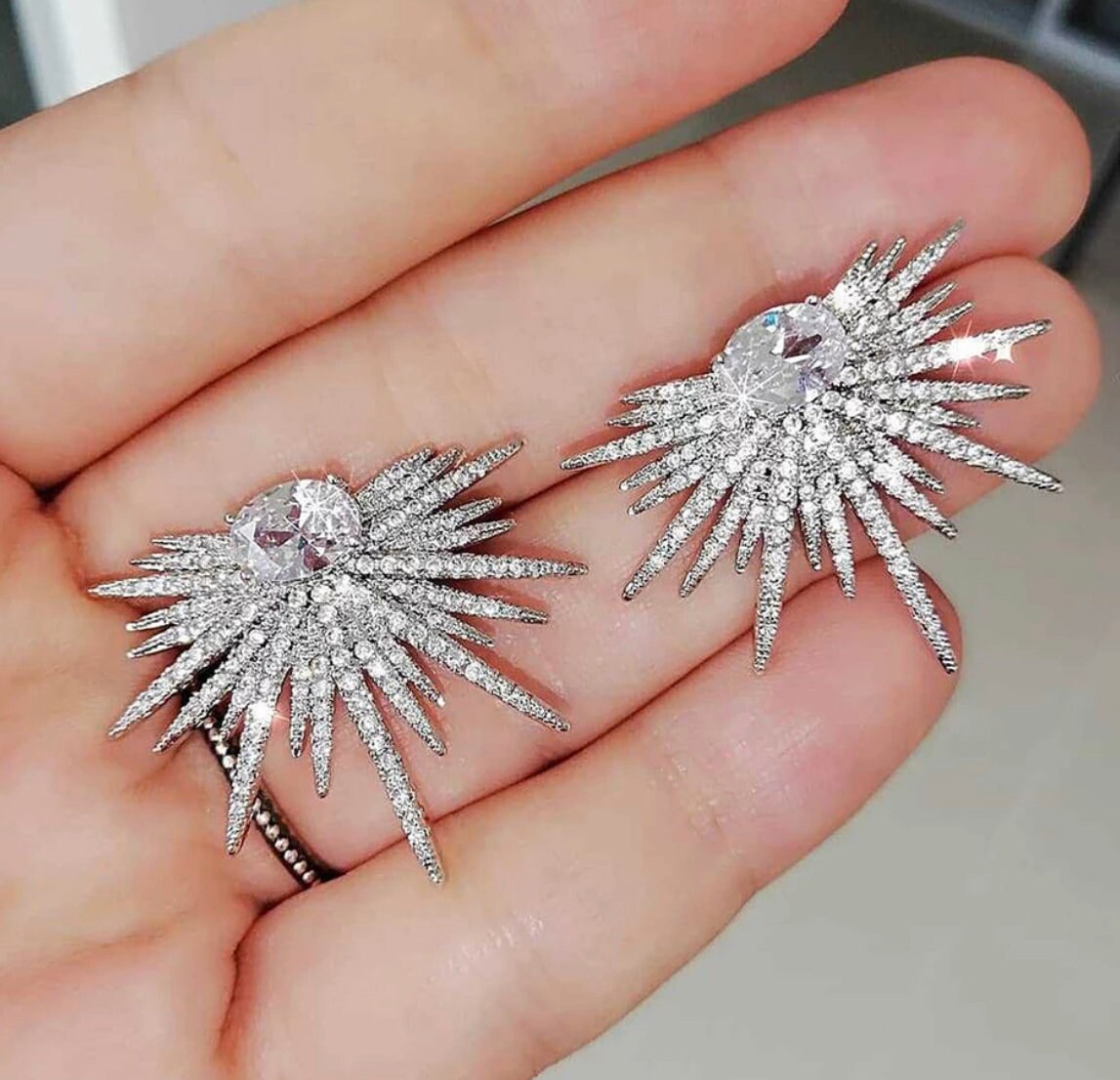 Luxury Fireworks Stud Earrings-Crystal Retro Earrings-Statement Earrings-Star Earrings-Elegant Earrings-Big Shiny Earrings-Wedding Earrings