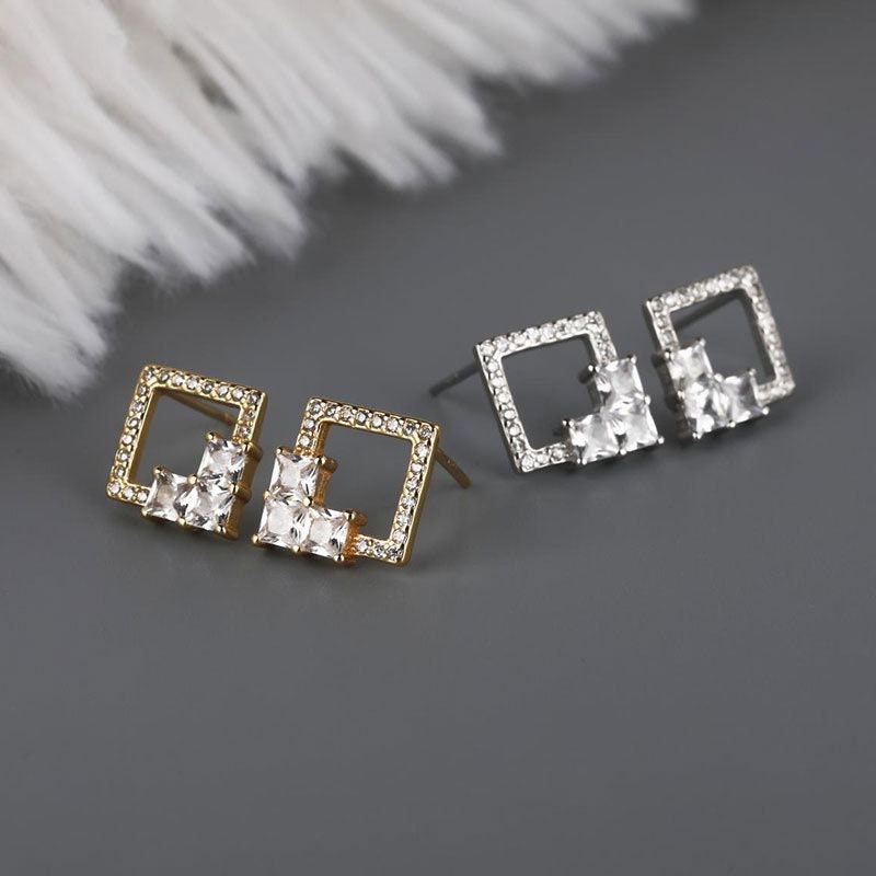 Elegant Hollow Crystal Square 925 Sterling Silver Stud Earrings-Gold Stud Earrings-Dainty Square Gold Stud Retro Earrings-Party Earrings