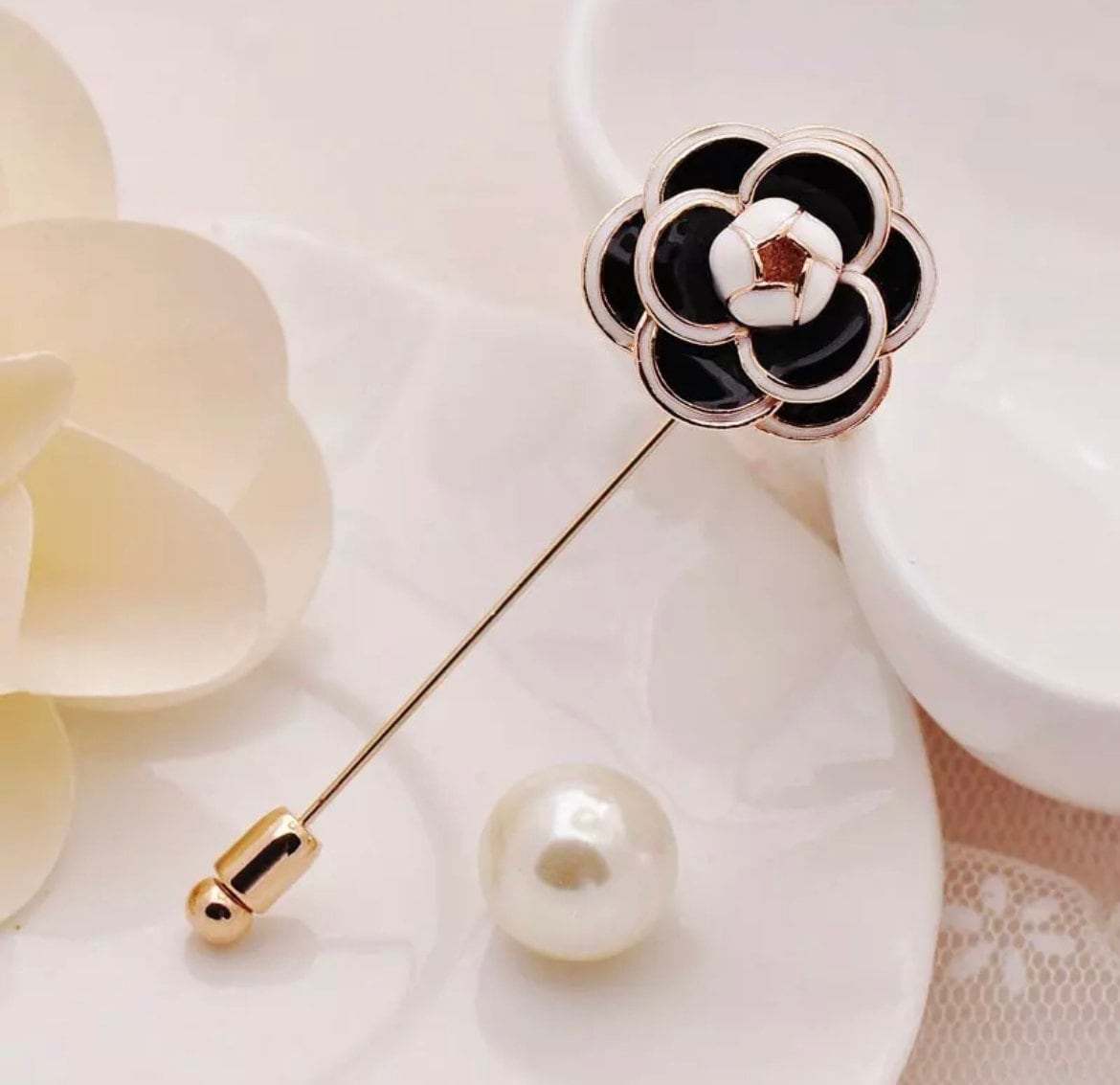 Luxury White Camellia Flower Brooches For Women-Elegant Black Camellia Flower Pearl Pin Brooches-Rose Flower Brooches-Vintage Pearl Brooches