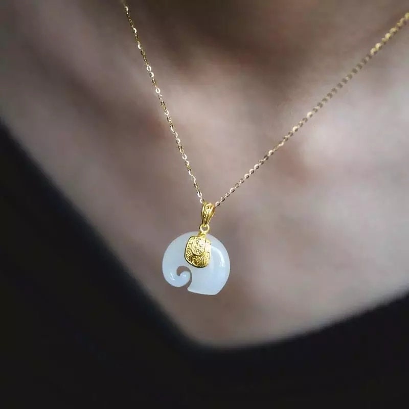 18k Gold Plated White Hetian Jade Elephant Pendant Necklace-Green Sapphire Elephant Necklace-Elegant Necklace-Lucky Charm Necklace-Mum Gift