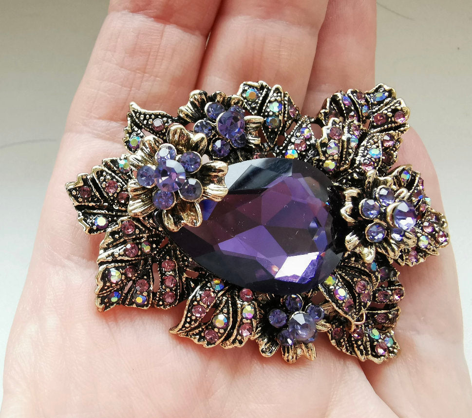 Luxury Large Purple Steampunk Vintage Look Rhinestone Flower Brooch For Women-Flower Brooch-Costume Brooch-Flower Pin-Coat Pin-Gift For Her