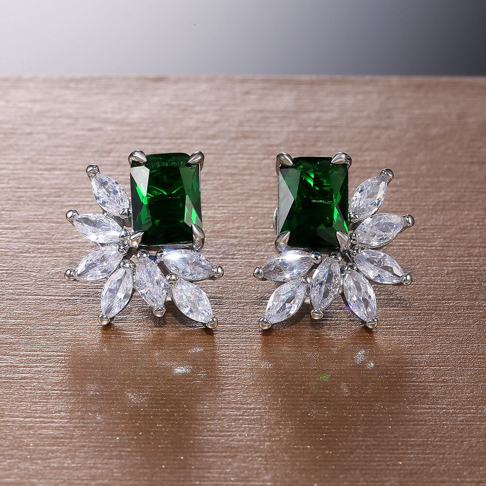 Luxury 925 Sterling Silver CZ Green Emerald Stud Earrings-Elegant Emerald Earrings-Blue Sapphire CZ Earrings-Wedding Jewellery-Gift For Her