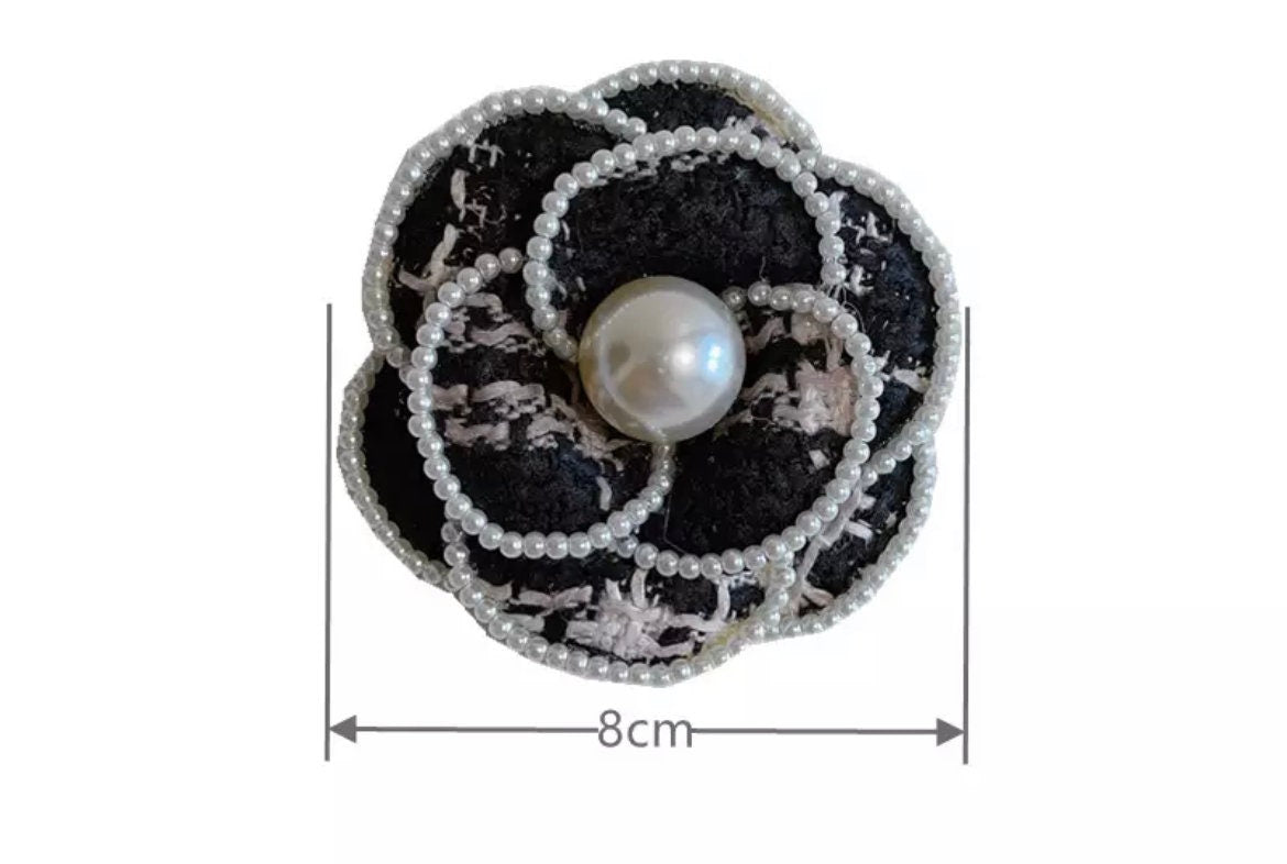 Chanel Vintage White and Black Silk Camelia Camellia Flower Pin