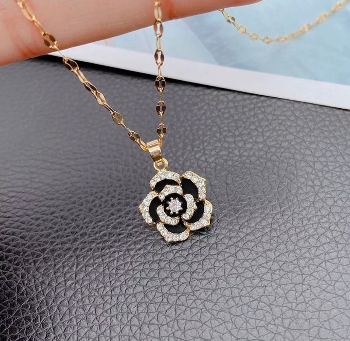Luxury Black Camellia Flower Pendant Necklace-Camellia Necklace-Flower Necklace-Rose Flower Necklace-CZ Flower Pendant-Gold Dainty Necklace